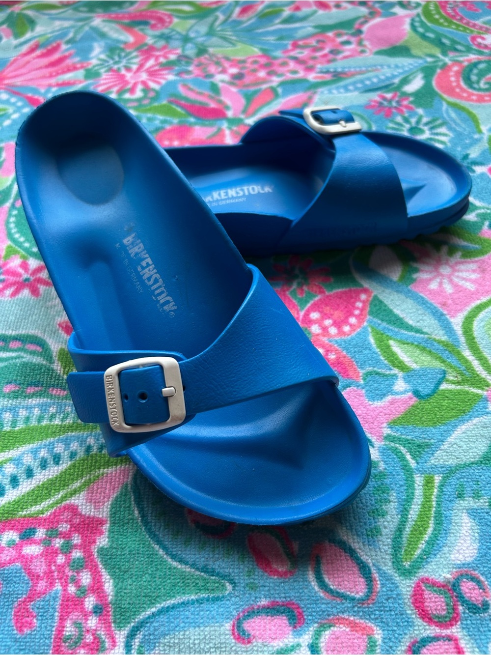 Birkenstock blue sandals.